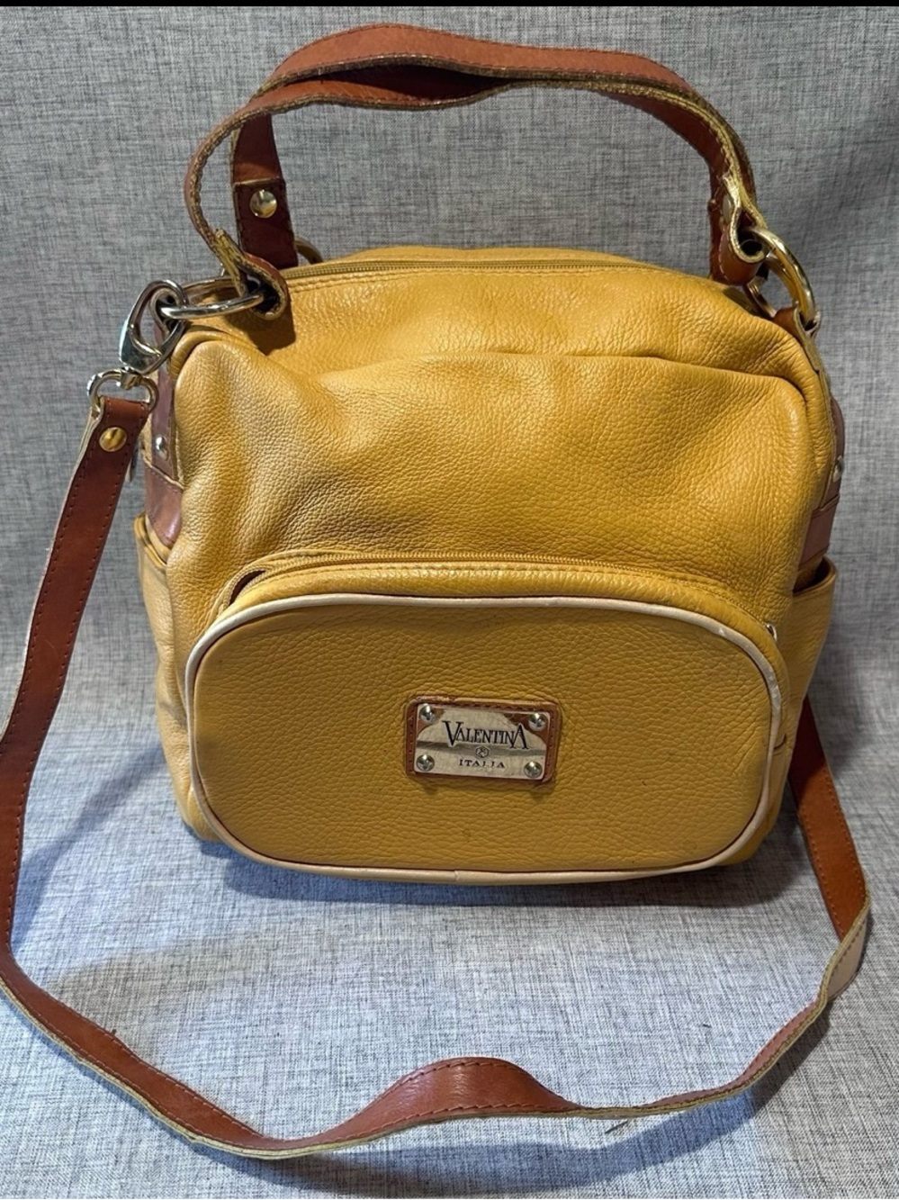 Vintage Valentina Yellow Leather Crossbody with Brown Trim